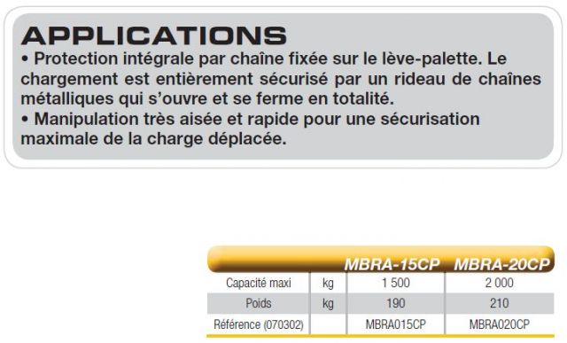 LEVE-PALETTE AVEC PROTECTION DE SÉCURITÉ - MBRA-CP-specifications-MBRA-15CP-MBRA-20CP-IMER